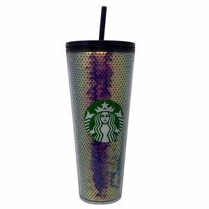 Starbucks Iridescent Sequin Tumbler with Green Logo and dark purple Lid 24 oz